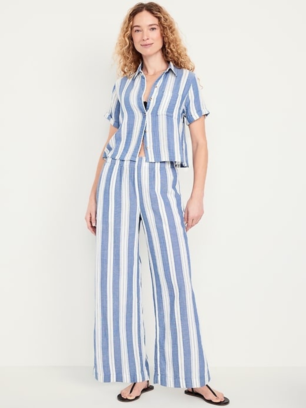 Striped Wide-Leg 100% cotton double weaved Pants in Blue and White